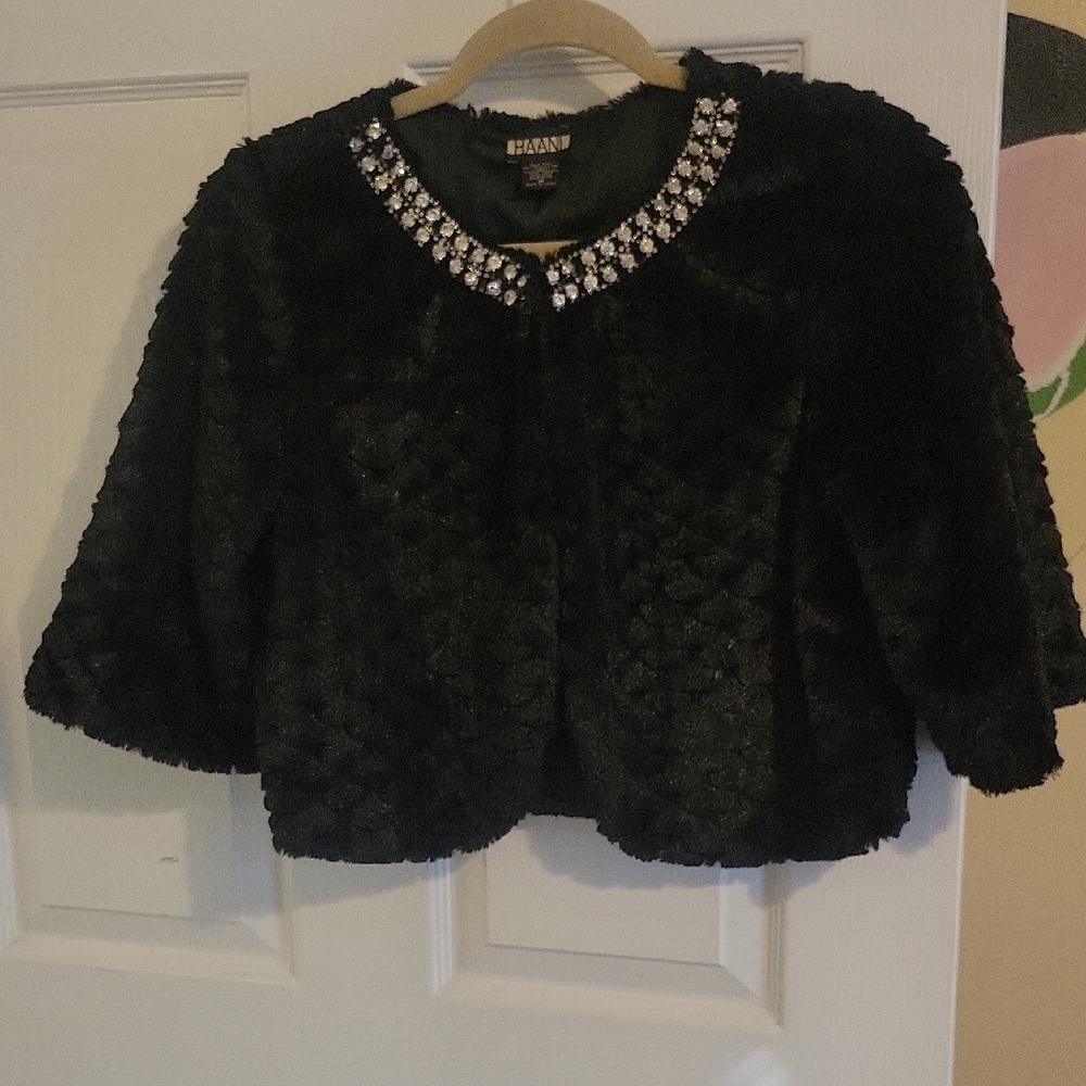 HAANI Luxurious Crop Black Faux Fur Jacket with Jewel Collar lined inside